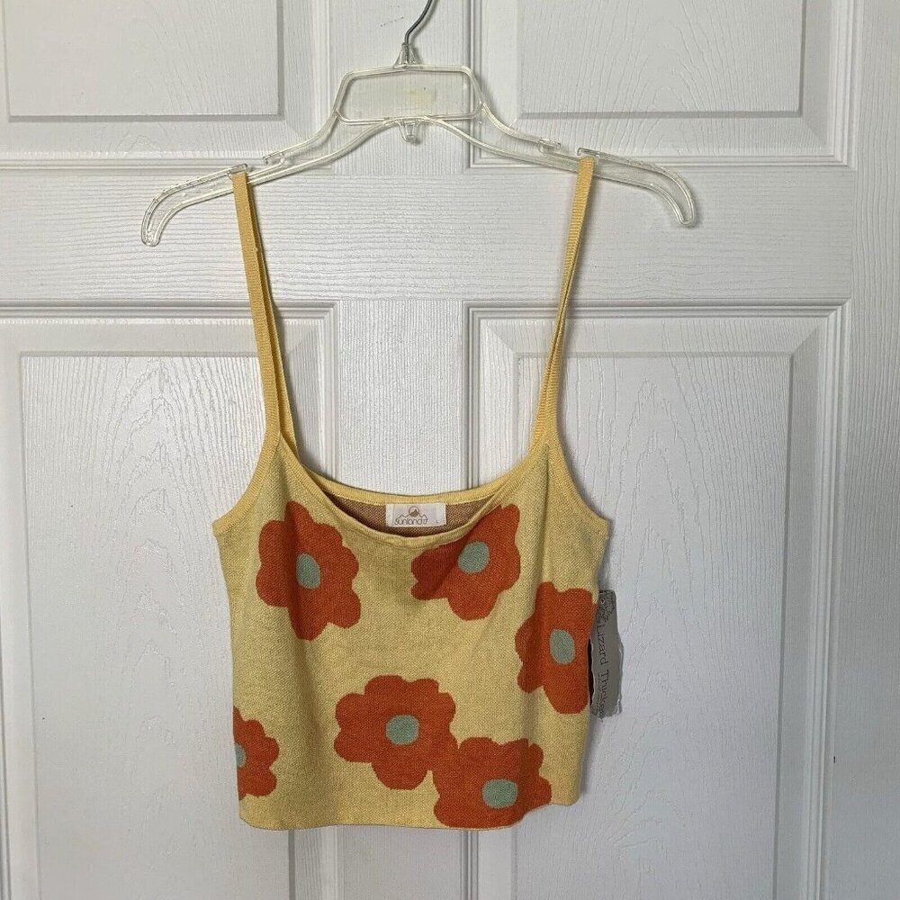 Sunland17 Crop Top Yellow Orange Floral Retro Women Large Spaghetti Straps NWT